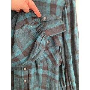 Sanctuary Shirt Womens Large Green gingham Ballon Long Sleeve Botton‎ Up Cozy
